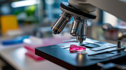 Laboratory workbench with microscope and blood sample on slide faceless workspace view defocused lab background microscopy preparation medical analysis setup diagnostic