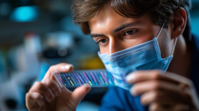 Faceless scientist examining DNA gel defocused laboratory background genetic testing analysis molecular biology investigation scientific research documentation genetic