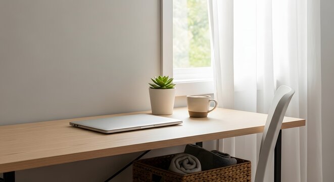 Serene home office setup with a laptop and coffee on a wooden desk by a sunlit window, representing a modern remote work lifestyle
