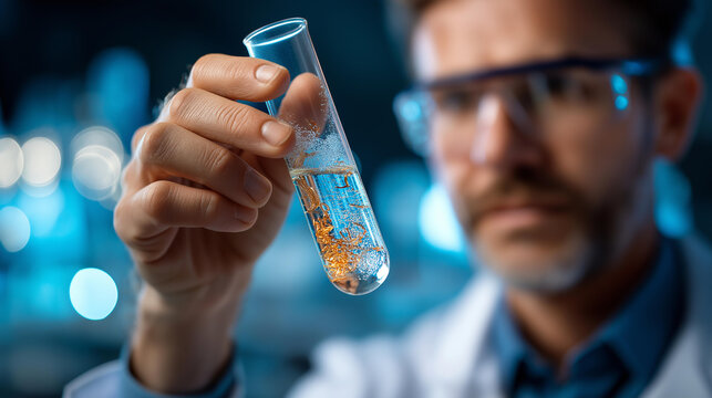 Faceless scientist doctor holding laboratory test tube defocused blue virtual display background testing biological material for DNA pathologies and viruses bacterioscopic - Powered by Adobe
