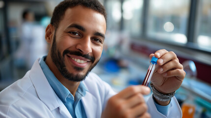 Portrait of faceless happy diagnostic laboratory scientist defocused workplace background lab coat and goggles visible holding blood test tube medical specialist at work