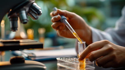 Laboratory scene with pipette and reagent tube faceless hands working defocused scientific equipment background precise liquid handling chemical analysis preparation research