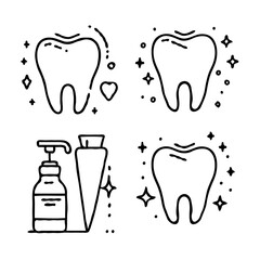 Black And White medical dental clinic Logos icons, smiley doctor Line art, tooth care Collection. Set Hand Drawn Doodle Simple drawing, Illustration teeth, Outline dentist and patient toothbrush