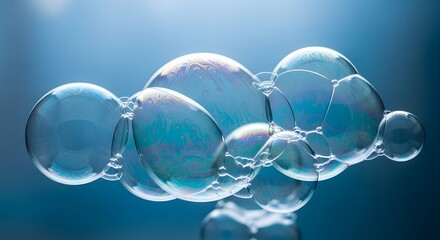 A beautiful cluster of shimmering iridescent soap bubbles floating together to form a cloud shape against a serene blue background