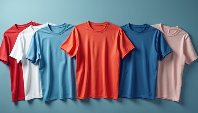 Five blank colorful t-shirts neatly arranged on blue surface. Plain garments offer range of colors for fashion design customization. Comfortable cotton apparel perfect for retail display, textile
