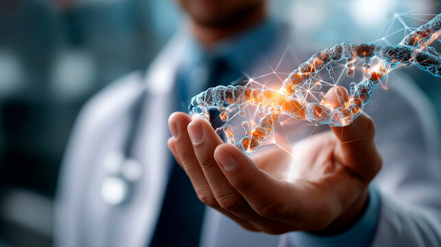 Genetic testing concept with DNA icon faceless medical doctor holding hologram isolated on white background molecular diagnostics visualization personalized medicine concept - Powered by Adobe