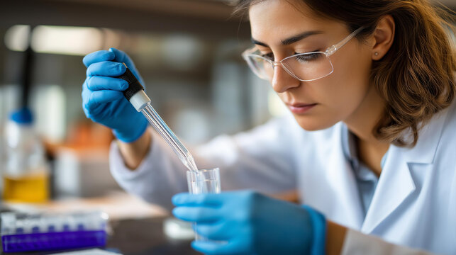 Faceless scientist working in laboratory of biology defocused research equipment background lab coat and gloves visible biological investigation professional scientific work