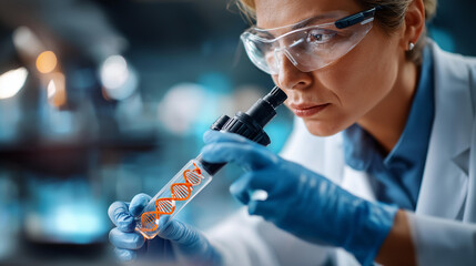 Faceless scientist using AI technology for medical research defocused biotechnology laboratory background chromosome DNA genetic analysis scientific lab development medical res