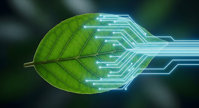 Conceptual image illustrating the fusion of nature and technology, with glowing digital circuits emerging from a green leaf, symbolizing green energy and biotechnology