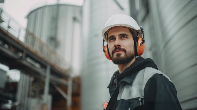 Confident male engineer with a beard wearing a hard hat and protective earmuffs standing outdoors at a heavy industry manufacturing plant, looking thoughtfully into the distance