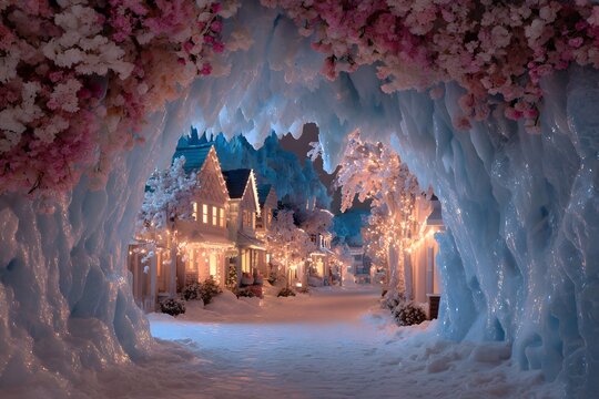 Snow covered town with a tunnel leading to it. The tunnel is lit up with Christmas lights