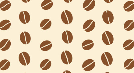 Simple and modern seamless pattern of brown coffee beans scattered across a light beige background, perfect for cafe decor.