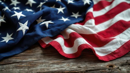 Crumpled american flag on rustic wooden background, patriotic
