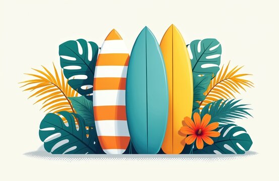 Three surfboards stand upright. Tropical leaves and a bright orange flower surround them. They suggest summer beach vacation activities and water sports fun.