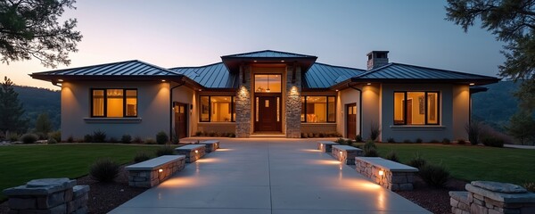 Modern ranch home with stone accents and metal roof glows at dusk. Wide driveway leads to double wooden doors, surrounded by manicured lawn and natural landscape. Luxury estate property.