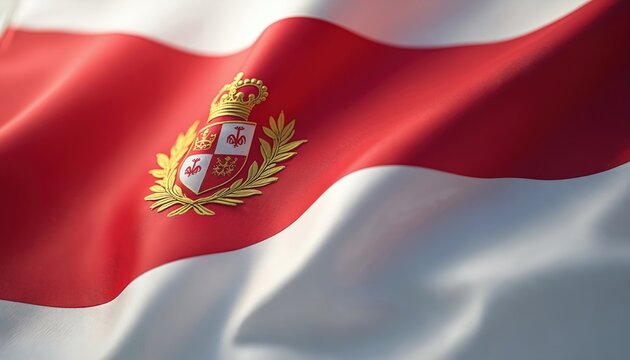 Monaco flag waving in wind. Detailed photo of red and white flag with emblem. Symbol of national identity patriotism sovereignty. Illustration shows texture material pattern