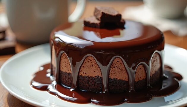Chocolate mousse cake has mirror glaze and brownie pieces on plate. Cake with coffee drink. Delicious dessert for cafe. Perfect sweet snack. Gourmet baker presents new baking recipe.