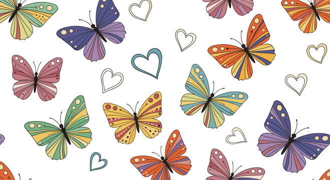 Delicate and charming seamless pattern with colorful, hand-drawn butterflies and sketched hearts on a clean white background.