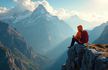 Fototapeta premium Man in orange jacket sits on cliff edge with red backpack. Hiker looks at mountain valley below. Lone person enjoys vast panorama. Adventure and travel scene.