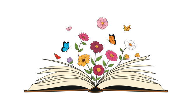 Open book with a burst of colorful wildflowers and butterflies emerging from its pages, symbolizing imagination, knowledge, and storytelling.