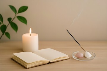 Minimalist relaxation and mindfulness setup with candle incense crystals and open notebook for calm focus