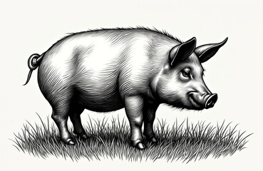 Fototapeta premium Black and white vintage engraving of a pig standing on grass. Pig illustration in retro sketch style. Isolated on white background. Side view profile of a hog.