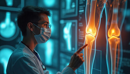 Medical pro examines 3D knee joint projection. Doctor points at digital scan of leg skeleton. Tech supports orthopedics treatment. Modern medicine healthcare innovation in action.
