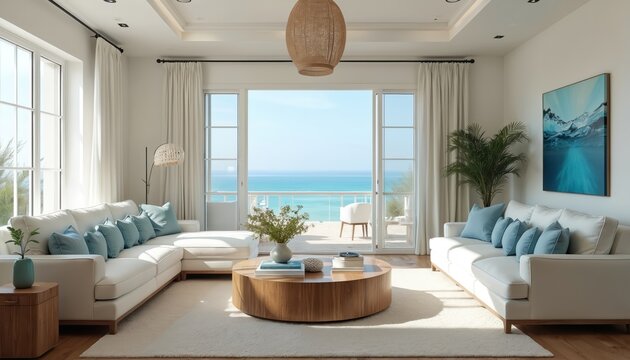 Spacious white living room with ocean view balcony. Modern neutral furniture and blue accents create serene beach house vibe. Decor features seascape art.