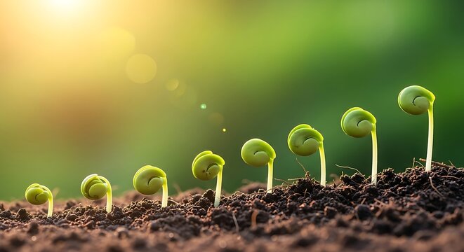 Tiny green seedlings emerge from rich dark soil in a row showcasing the delicate stages of plant growth and new life under warm sunlight