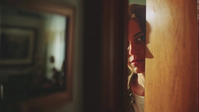 Scared or curious young woman slowly peeking from behind a wooden door inside a dimly lit house, watching something with a mix of fear and intrigue on her face as she hides in the shadow
