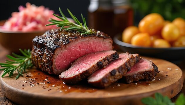 Perfectly cooked ribeye roast steak rests on wooden board. Sliced medium rare, showing juicy pink beef meat. Fresh rosemary, cracked pepper garnish prime cut. Delicious food ready for gourmet dinner
