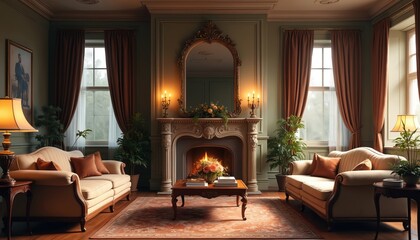 Elegant living room with fireplace and ornate mirror. Two sofas flank fireplace. Windows with draperies. Indoor plants add life to classic decor. Cozy atmosphere.