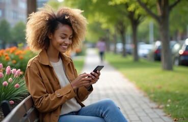 Young African American woman sits on park bench, smiling, uses cell phone. Wears casual clothes, enjoys tech outdoors. Urban park green trees, colorful flowers in daylight. Interacts with mobile