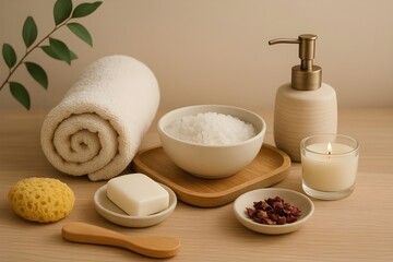 Luxury spa and self care essentials with bath salts towel soap and candle on wooden background