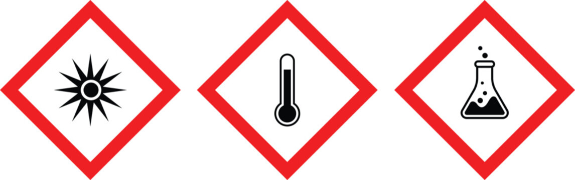 Set of hazard warning signs vector. Laser warning sign, Temperature hazard sign, Chemical hazard sign