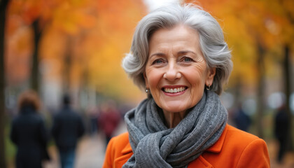 Fototapeta premium Elegant senior woman with silver hair smiles warmly in an orange coat and grey scarf. Autumn park with vibrant colorful leaves forms background. People walk in city garden.