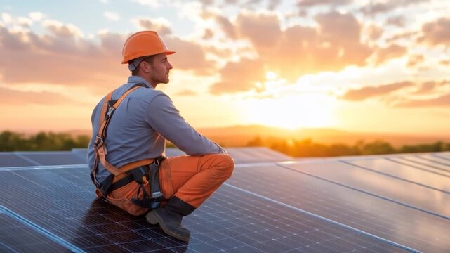 Male worker on solar panels during golden hour capturing renewable energy sustainability