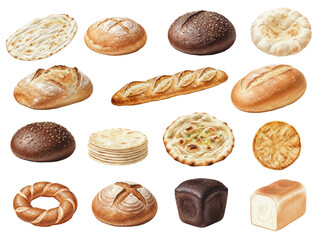 Watercolor Set of Assorted Bread and Bakery Products