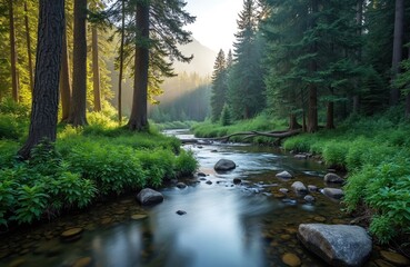 Obraz premium Mountain river flows through green forest with morning sun rays creating golden glow. Clear water stream runs over stones in woods with tall pine trees. Tranquil creek in peaceful wild summer