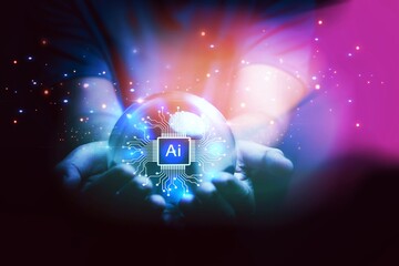 Tech forecasting concept : Shining Ai tech icon display on magic crystal ball sphere with the colorful magic lighting ,Meaning of hope and beautiful world, Safety Ai system ethic and control