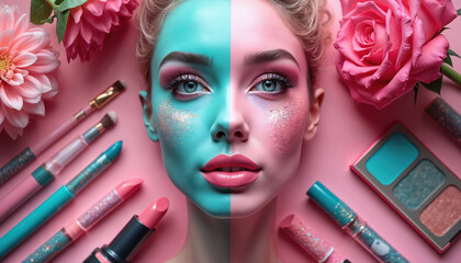 Artistic split-face portrait of a beautiful woman with glamorous makeup. Half face is aqua and other is pink. Cosmetics, flowers surround her head. Creative beauty concept.