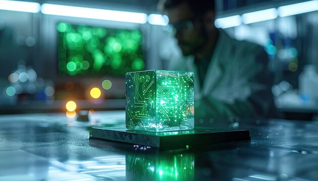 Futuristic green glowing cube representing artificial intelligence and digital innovation in modern laboratory symbolizing technological progress, data processing, and advanced research trends