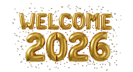 Shiny gold number spelling 2026, Happy new year isolated on transparent background