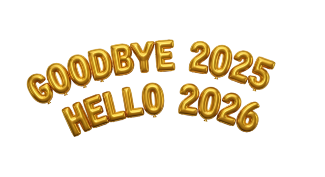 Shiny gold number spelling 2026, Happy new year isolated on transparent background