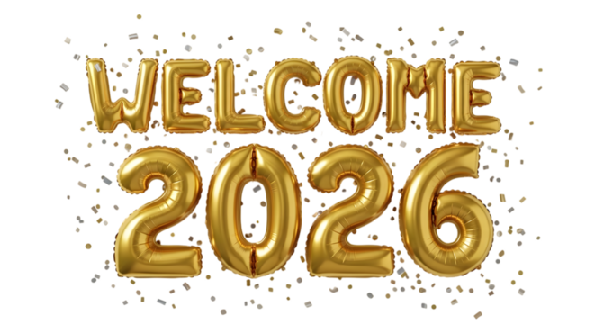 Shiny gold number spelling 2026, Happy new year isolated on transparent background