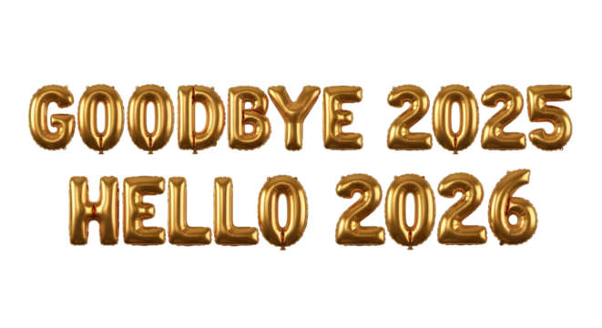 Shiny gold number spelling 2026, Happy new year isolated on transparent background