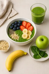 Healthy green smoothie bowl with fresh fruits oats and spinach for clean eating and wellness lifestyle