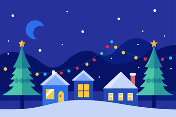 Fototapeta premium Christmas night village landscape: A serene winter scene with houses, snow-covered trees, and festive holiday lights under a starry night sky