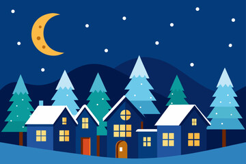 Fototapeta premium 🎄 Christmas winter night landscape with snow, trees, and houses in a cold village scene