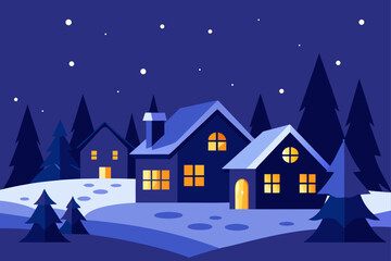 A festive Christmas winter night landscape illustration features snow-covered houses, a tree, and village scene under a starry night sky